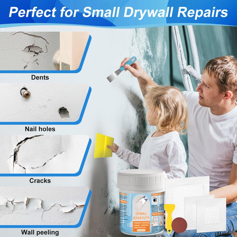 LifeisLuck Drywall Repair Kit, Drywall Patch Repair Kit with 8.8OZ White Wall Repair Putty, Scraper Sandpapers Gloves for Heavy Duty Plaster Wall Repair, Easy to Fill Holes in Home Wall & Quick Repair Crack - Image 5